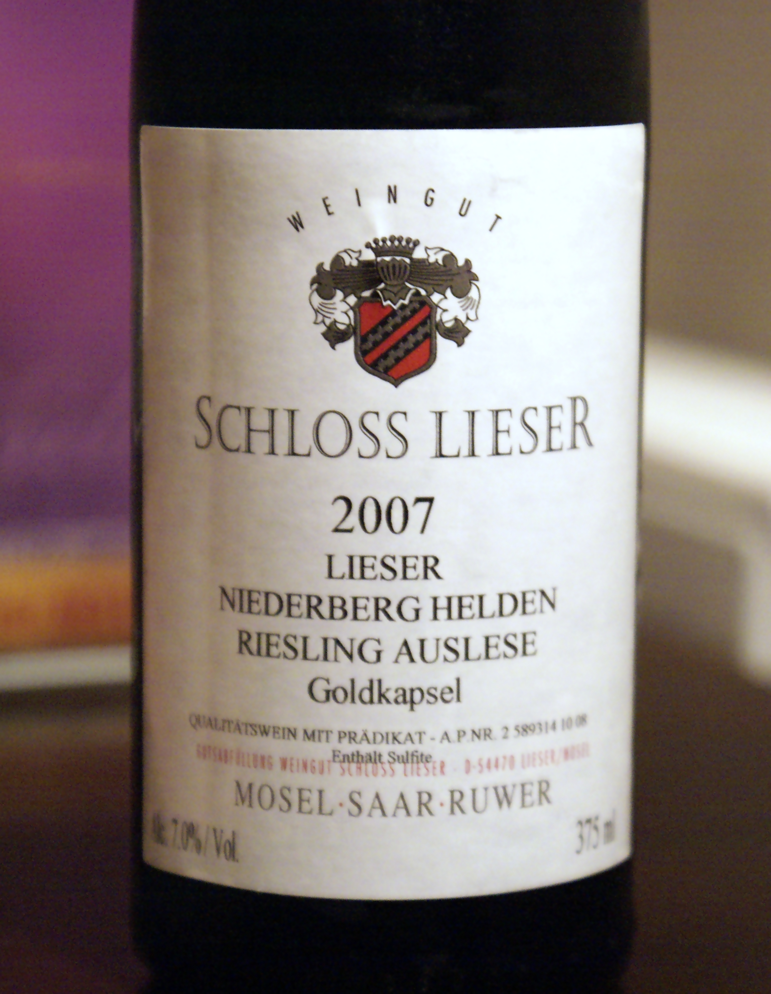 Schloss Lieser Niederberg Helden Riesling Auslese GK 2007